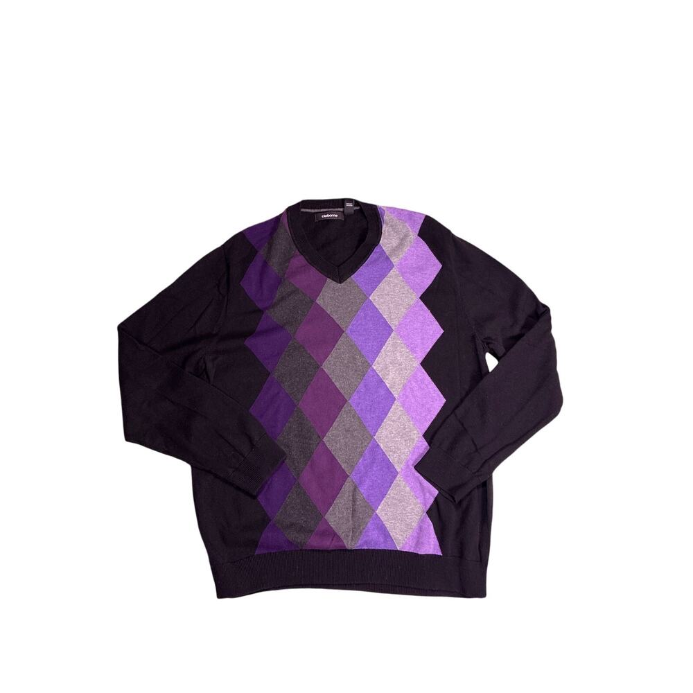 Y2K Purple Argyle Knit Sweater Mens Large V Neck Emo Grunge Alternative Pullover